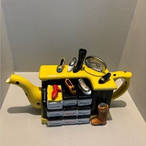 Emelda’s Shoes fashion ceramic tea pot-ladies brunch 90s signed yellow polka dot